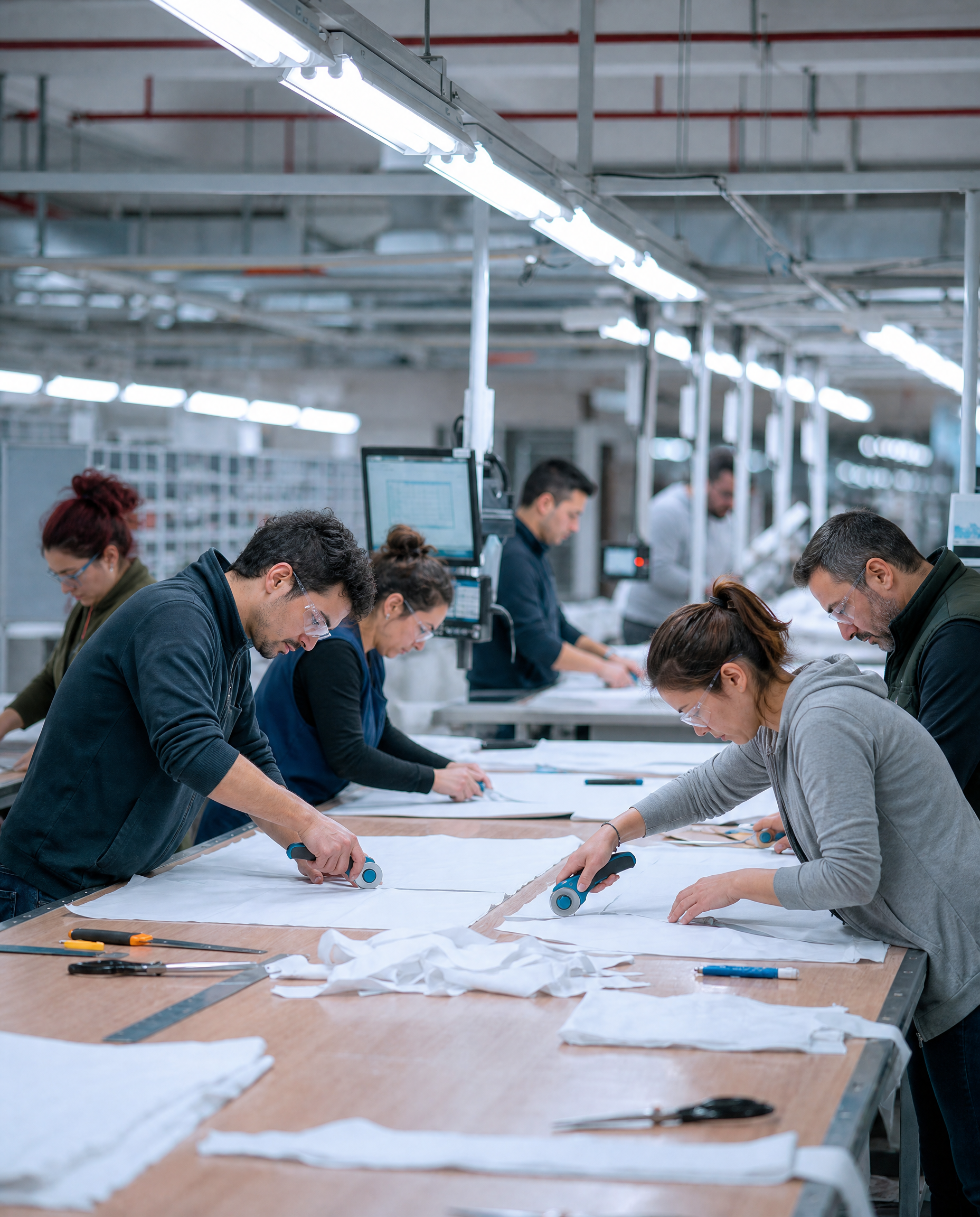 Pattern cutters at long tables inside a modern apparel factory, working under bright industrial lighting