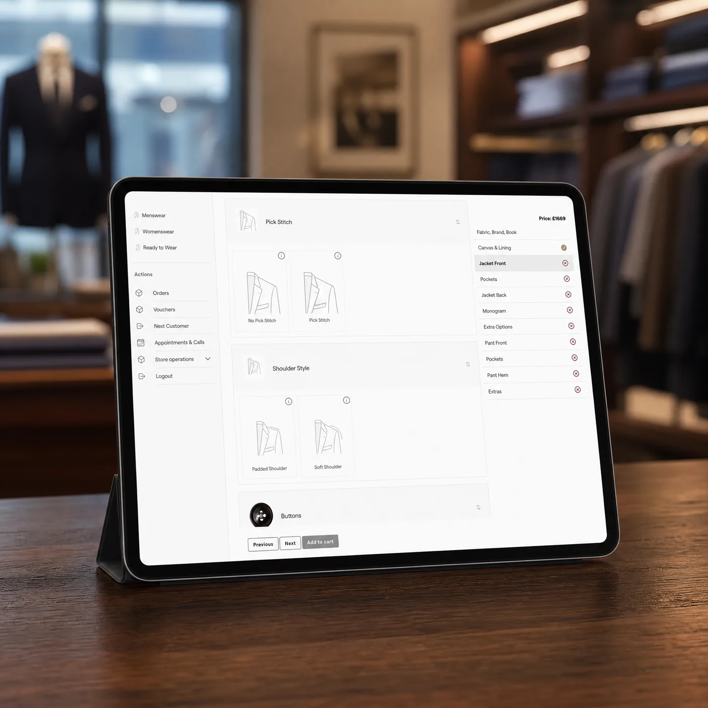 Customisation screen on iPad — Jacket Front options with sidebar categories
