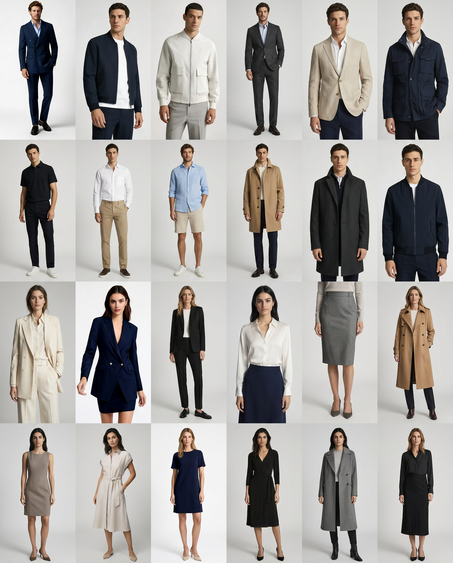 A grid of made-to-measure garments — suits, jackets, coats, shirts, dresses, skirts and uniforms in a wide spectrum of cuts and colours