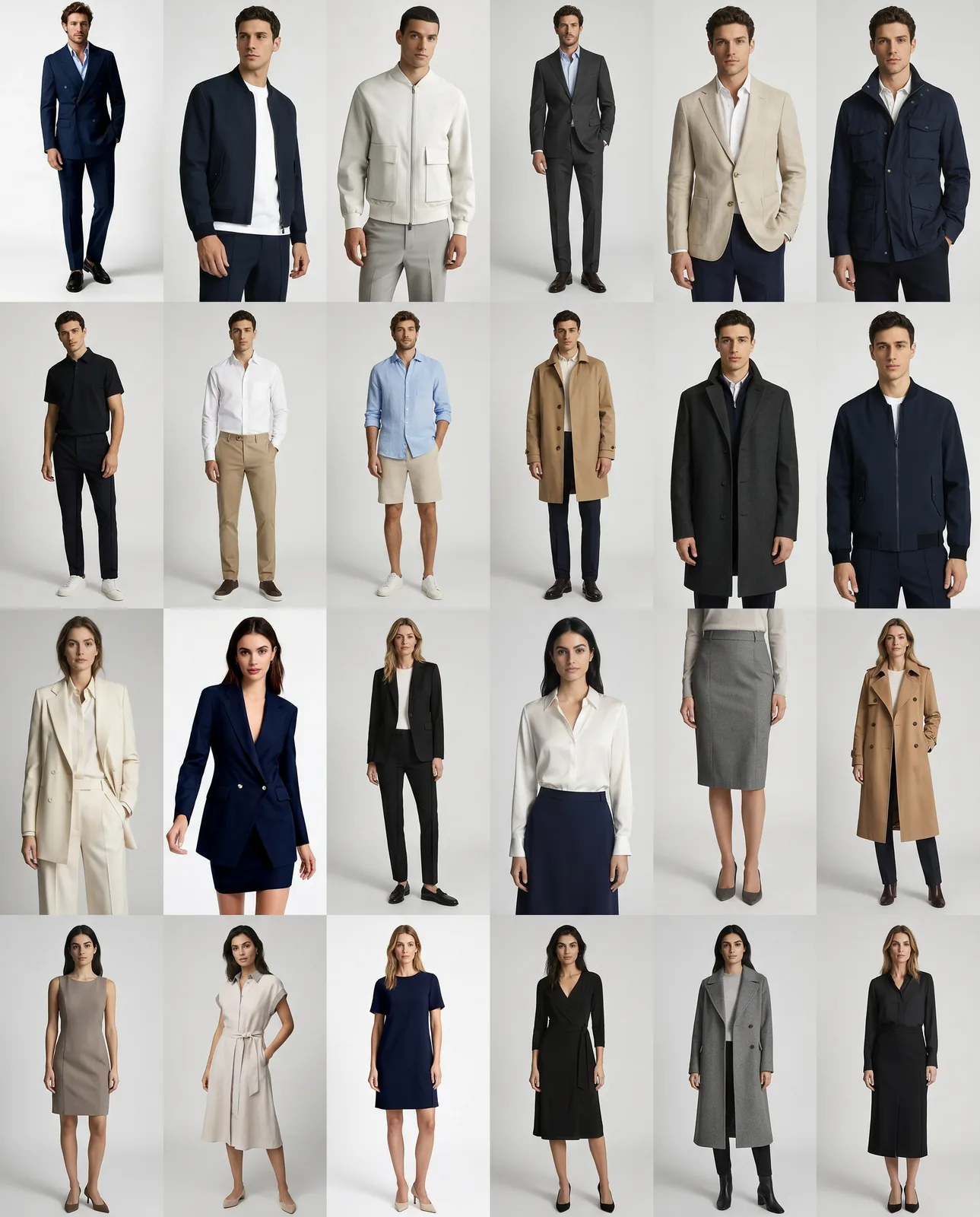 A grid of made-to-measure garments — suits, jackets, coats, shirts, dresses, skirts and uniforms in a wide spectrum of cuts and colours